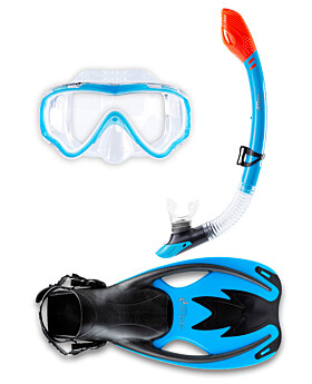 Childrens Silicone Mask Dry Top Snorkel Fins 3Pc Diving Set (Aqua)