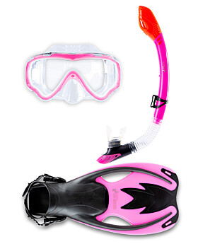 Childrens Silicone Mask Dry Top Snorkel Fins 3Pc Diving Set (Pink)