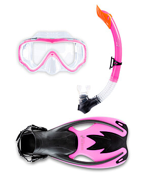 Childrens Silicone Mask Snorkel Fins 3Pc Diving Set (Pink)