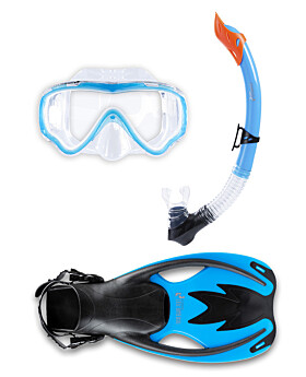 Childrens Silicone Mask Snorkel Fins 3Pc Diving Set (Aqua)