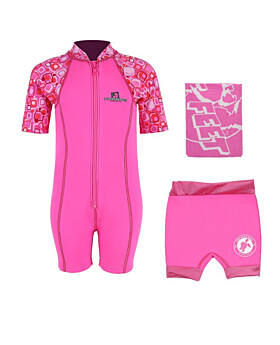 Deluxe Baby Swim Kit - Patterned Lycra Arm Wetsuit + Nappy Shorts + Towel (Pink)