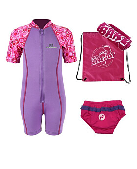 Premier Baby Swim Kit - Patterned Lycra Arm Wetsuit + Swim Nappy + Towel + Bag (Lilac)