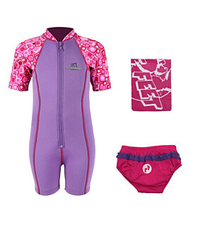 Deluxe Baby Swim Kit - Patterned Lycra Arm Wetsuit + Swim Nappy + Towel (Lilac)