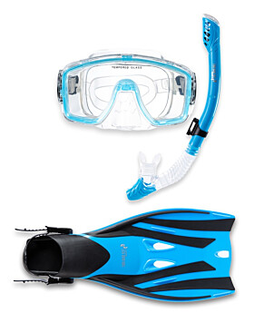 Pro Dive Series Silicone Mask Dry Top Snorkel & F52 Fins 3 Piece Set 1 (Aqua)