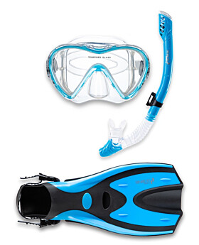 Pro Dive Series Silicone Mask, Dry Top Snorkel & F70 Fins 3 Piece Set 3 (Aqua)