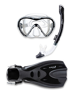 Pro Dive Series Silicone Mask, Dry Top Snorkel & F70 Fins 3 Piece Set 3 (Black)
