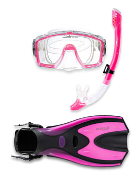 Pro Dive Series Silicone Mask, Dry Top Snorkel & F70 Fins 3 Piece Set 1 (Pink)