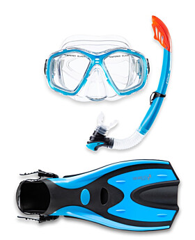 Two Bare Feet Adult PVC Mask, Snorkel & F70 Fins 3 Piece Set (Aqua)