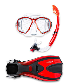 Two Bare Feet Adult PVC Mask, Snorkel & F70 Fins 3 Piece Set (Red)