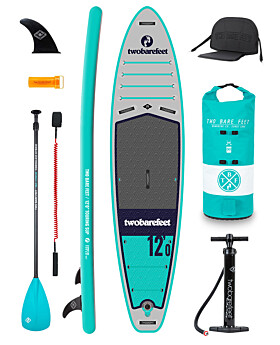 Two Bare Feet Sport Air (Touring) 12'0" x 33" x 6" Inflatable SUP Deluxe Fibreglass Hybrid Pack (Teal)