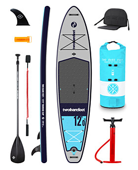 Two Bare Feet Sport Air (Touring) 12'0" x 33" x 6" Inflatable SUP Deluxe Carbon Hybrid Pack (Aqua)