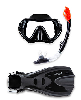 Two Bare Feet Adult Silicone Dry Top Snorkel, Silicone Mask & F70 fins Set (Black)