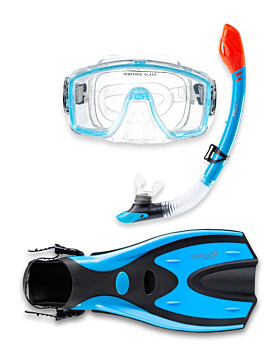 Two Bare Feet Adult Silicone Mask, Dry Top Snorkel & F70 Fins 3 Piece Set 1 (Aqua)