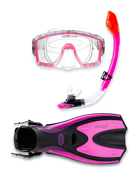 Two Bare Feet Adult Silicone Mask, Dry Top Snorkel & F70 Fins 3 Piece Set 1 (Pink)
