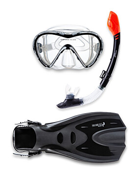 Two Bare Feet Adult Silicone Mask, Dry Top Snorkel & F70 Fins 3 Piece Set 3 (Black)