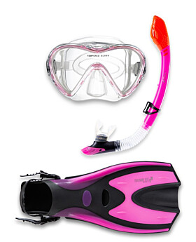 Two Bare Feet Adult Silicone Mask, Dry Top Snorkel & F70 Fins 3 Piece Set 3 (Pink)