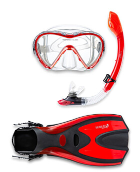 Two Bare Feet Adult Silicone Mask, Dry Top Snorkel & F70 Fins 3 Piece Set 3 (Red)