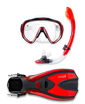 Two Bare Feet Adult Silicone Mask, Dry Top Snorkel & F70 Fins 3 Piece Set 2 (Red)