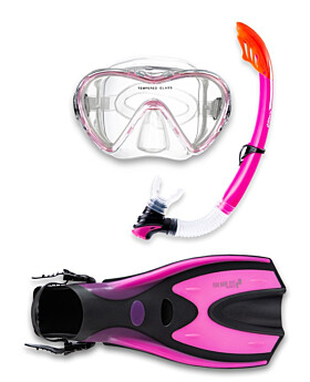 Two Bare Feet Adult Silicone Mask, Snorkel & F70 Fins 3 Piece Set 3 (Pink)