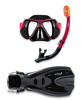 X-Dive Silicone Mask Dry Top Snorkel & F70 Fins 3pc Set (Red / Black)