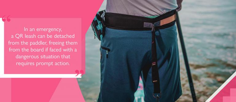 SUP paddler wearing quick release belt-style leash