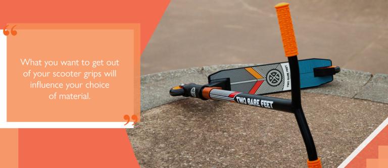 scooter on its side with text 'What you want to get out of your scooter grips will influence your choice of material'