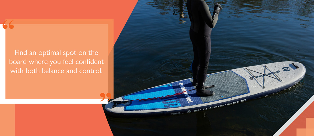 person standing on a SUP with a text box reading 'Find an optimal spot on the board where you feel confident with both balance and control'