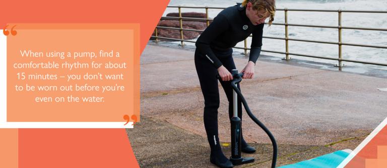 man pumping and inflatable SUP with text reading 'When using a pump, find a comfortable rhythm for about 15 minutes - you don't want to be worn out before you're even on the water'