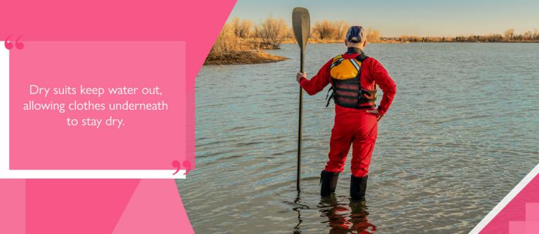 Paddler wearing dry suit standing in shallow water