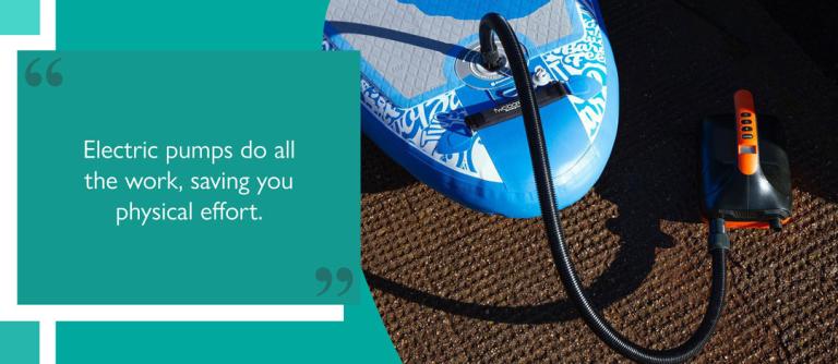 Partially inflated SUP connected to an electric SUP pump