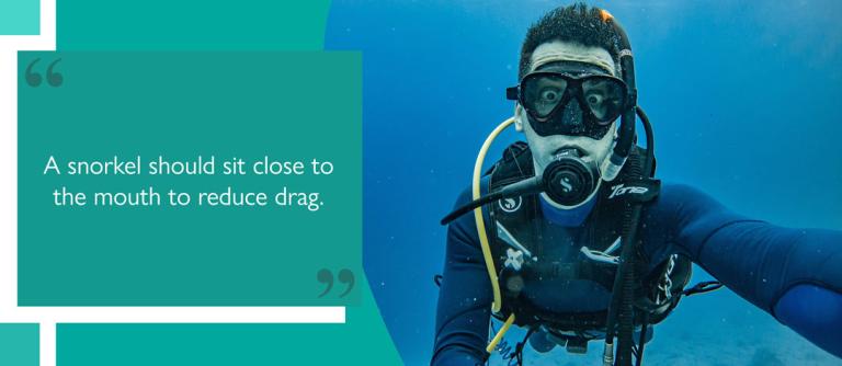 Diver wearing snorkel mask underwater with mouthpiece in mouth