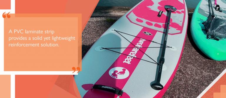 Two Bare Feet iSUP board with laminate reinforcing PVC strip on deck 