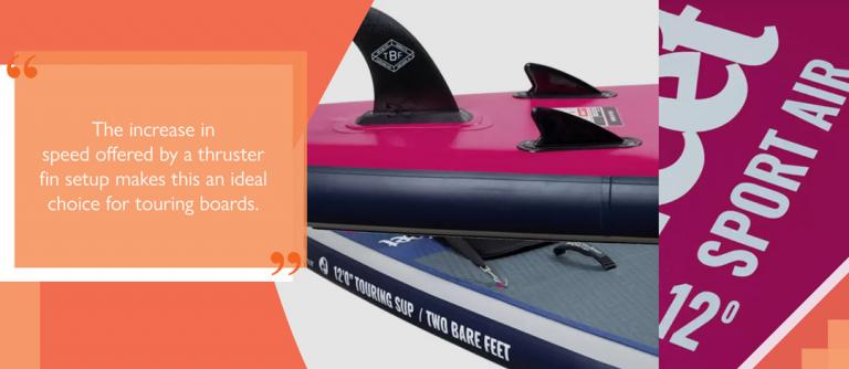 Two Bare Feet 12 foot touring SUP with thruster fins displayed