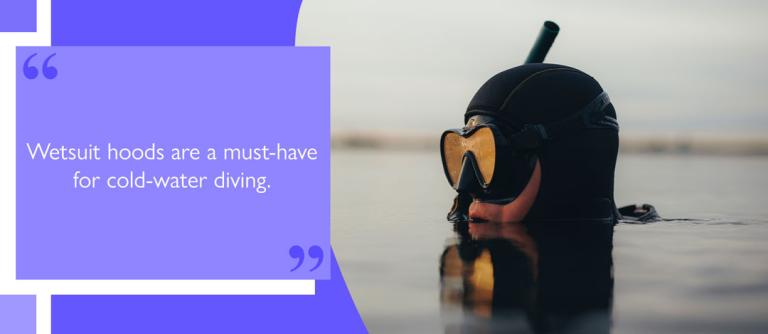 Diver wearing wetsuit hood and dive mask submerged to shoulder height