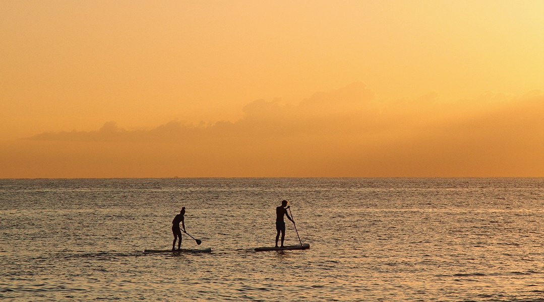 two paddleboarders on the sea during sunset