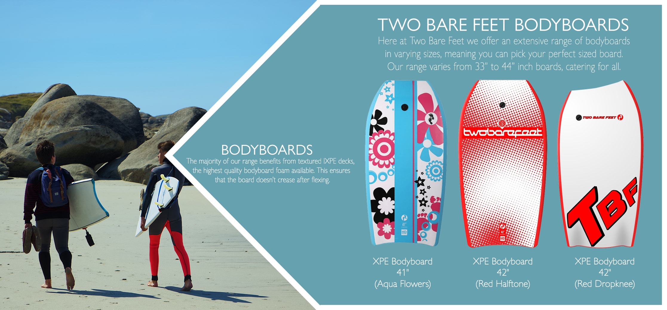 Two Bare Feet 41in Bodyboard Bundle 2 x TBF Boarding Co/Flowers Bodyboards Carry Bag 