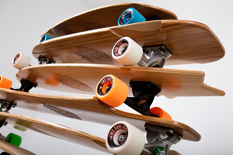 longboards stacked up 