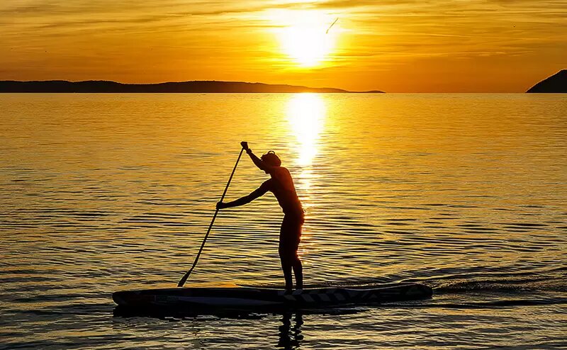 person stand up paddleboarding at sunset