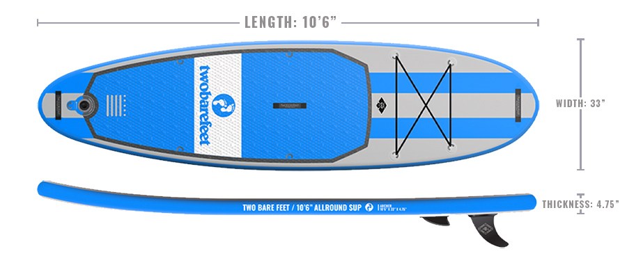 two bare feet paddleboard top view and side view with dimension measurements